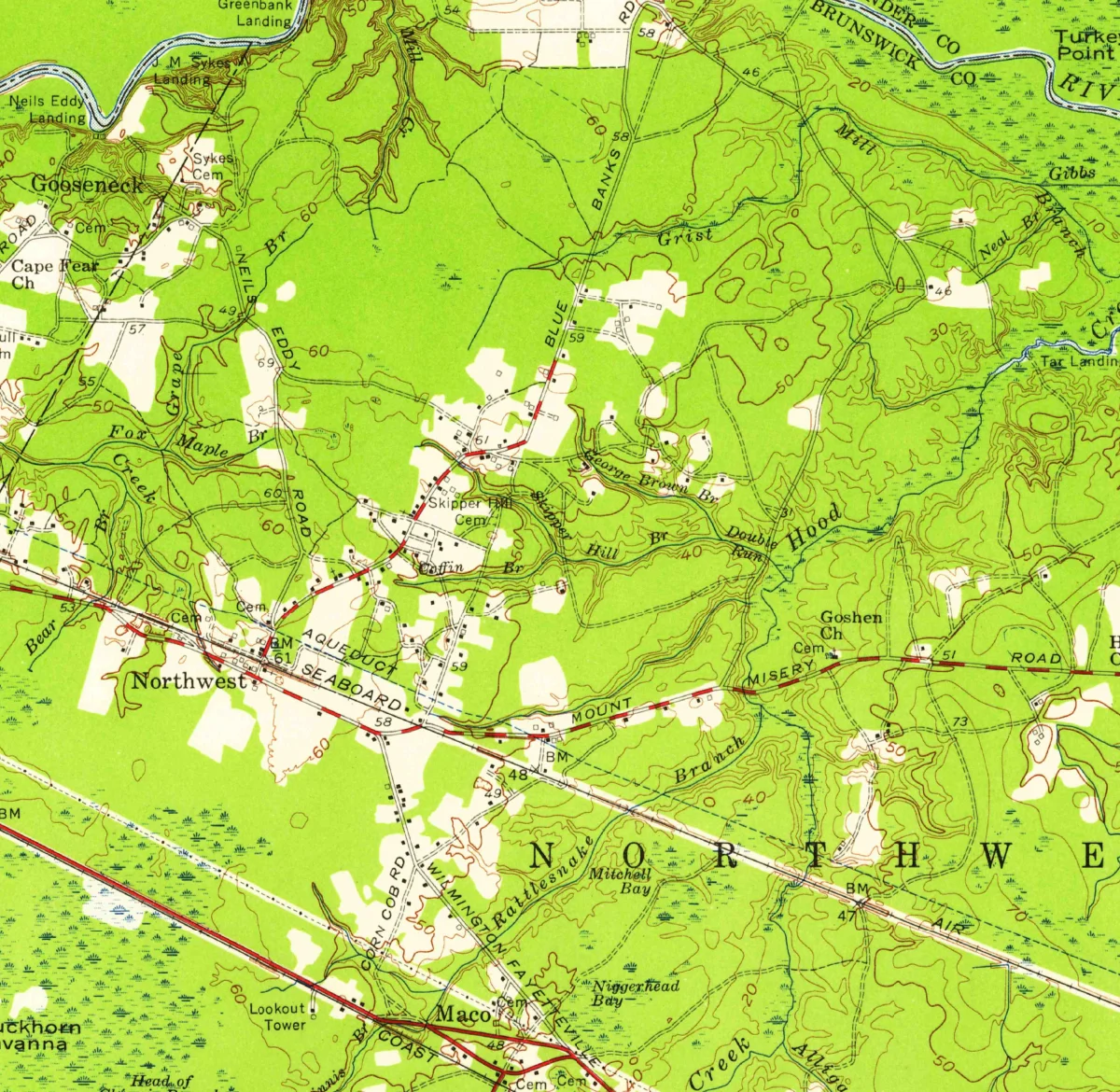1954 map of Northwest, Blue Banks Road and the surrounding community.