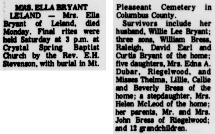 1973 News Reporter funeral notice for Ella Bryant naming Crystal Spring and Rev. E. H. Stevenson