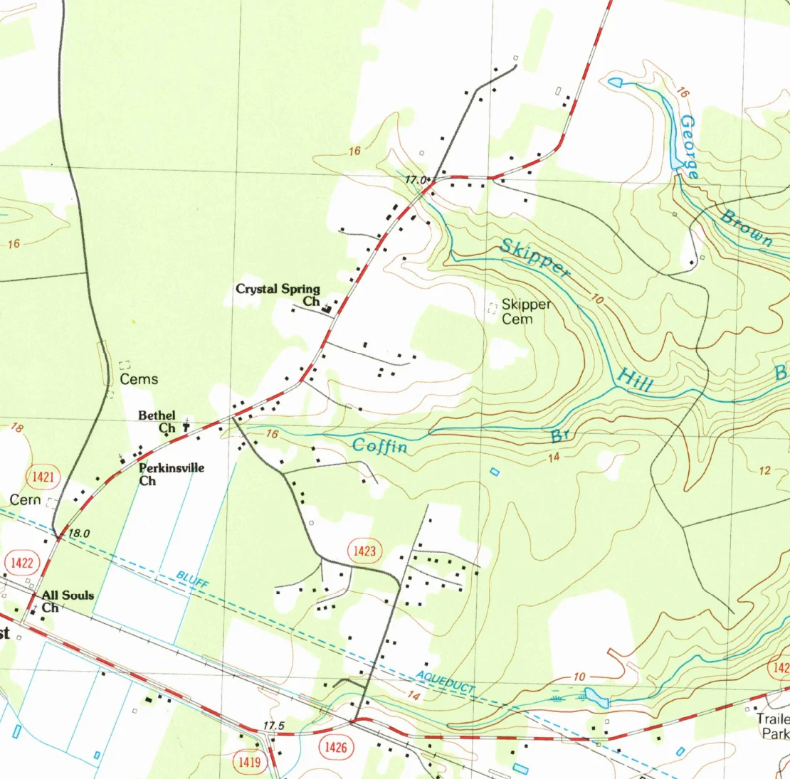 1984 map identifying Crystal Spring Church and nearby landmarks in Northwest, North Carolina.