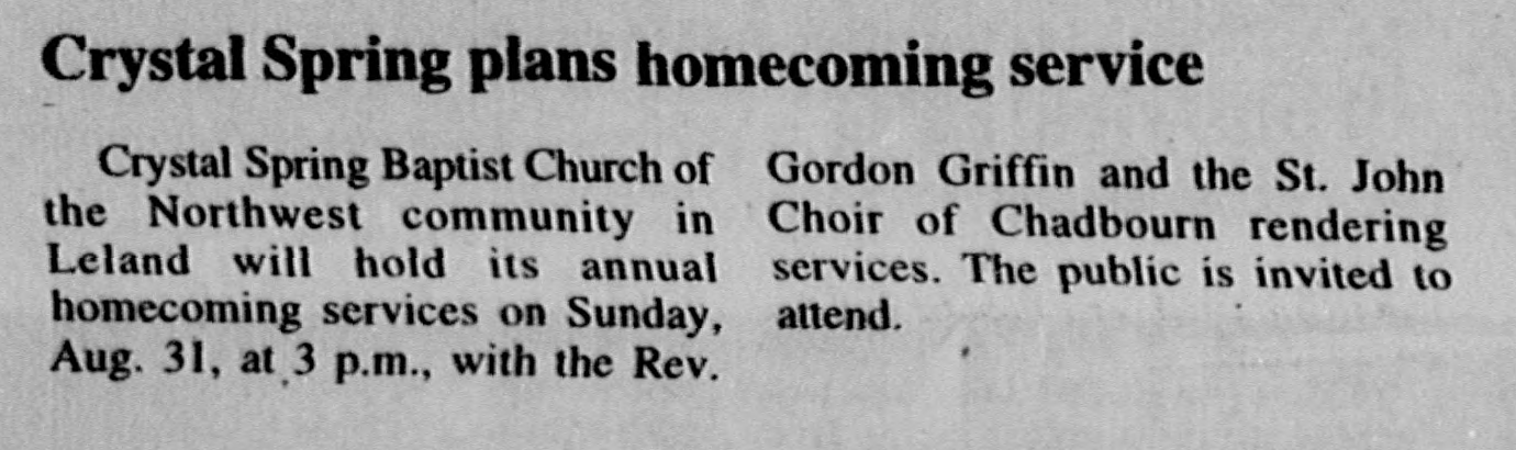 1997 News Reporter notice announcing homecoming at Crystal Spring Missionary Baptist Church